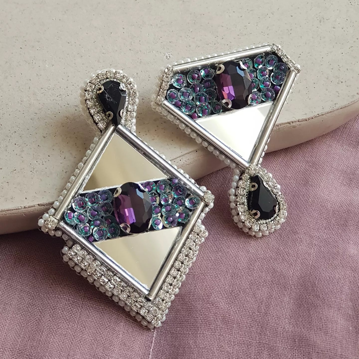 Handmade Beaded Earrings with Gemstone&Mirror